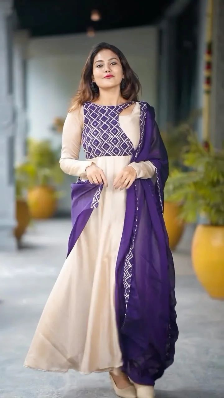 Elegant Beige and Purple Anarkali Dress