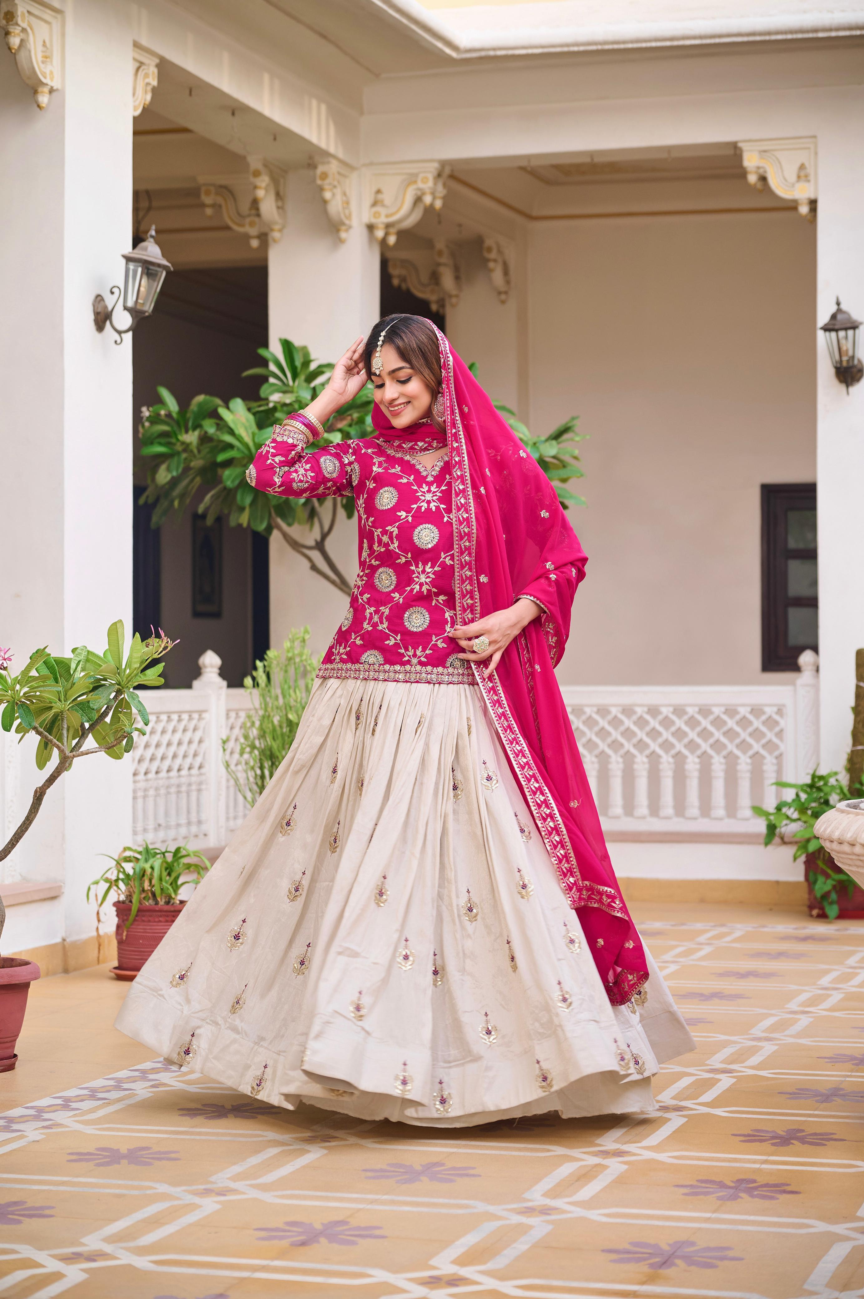 Embroidered Pink and Cream Lehenga choli Set