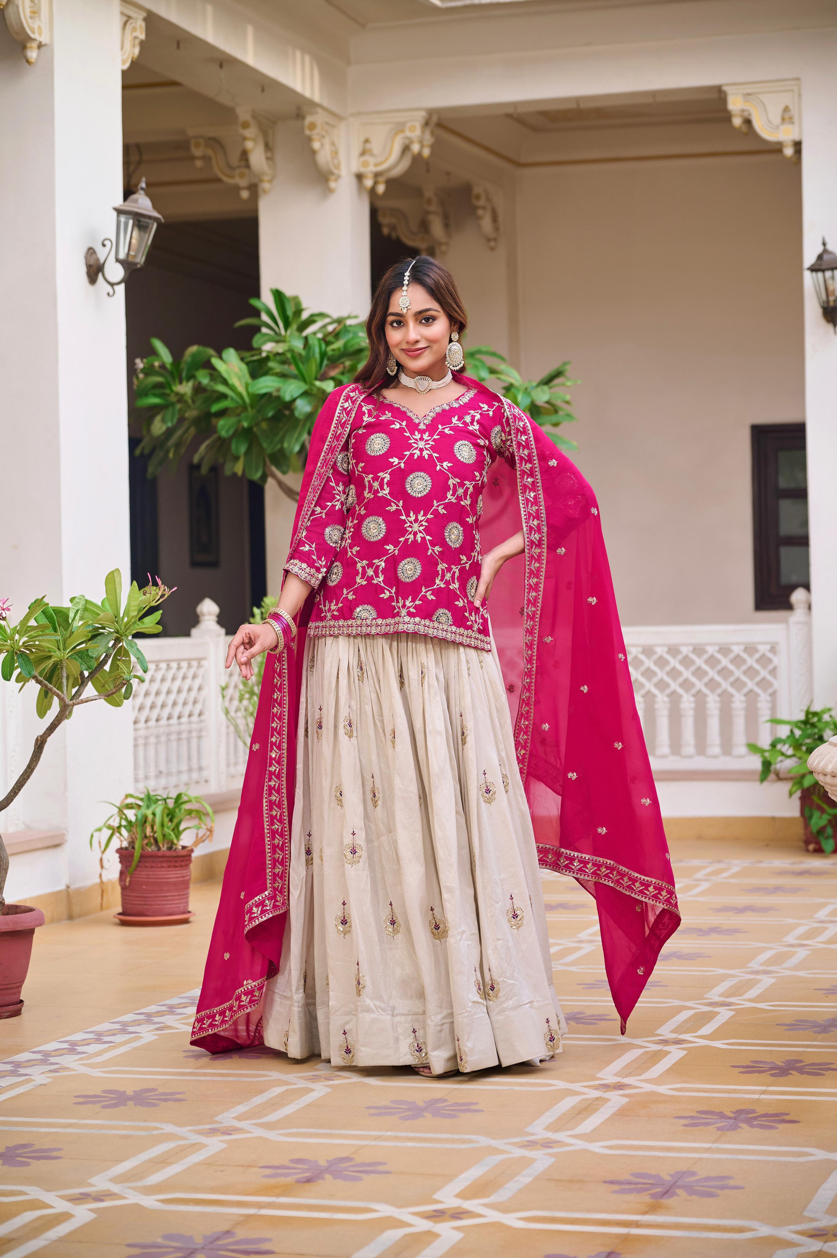 Embroidered Pink and Cream Lehenga choli Set