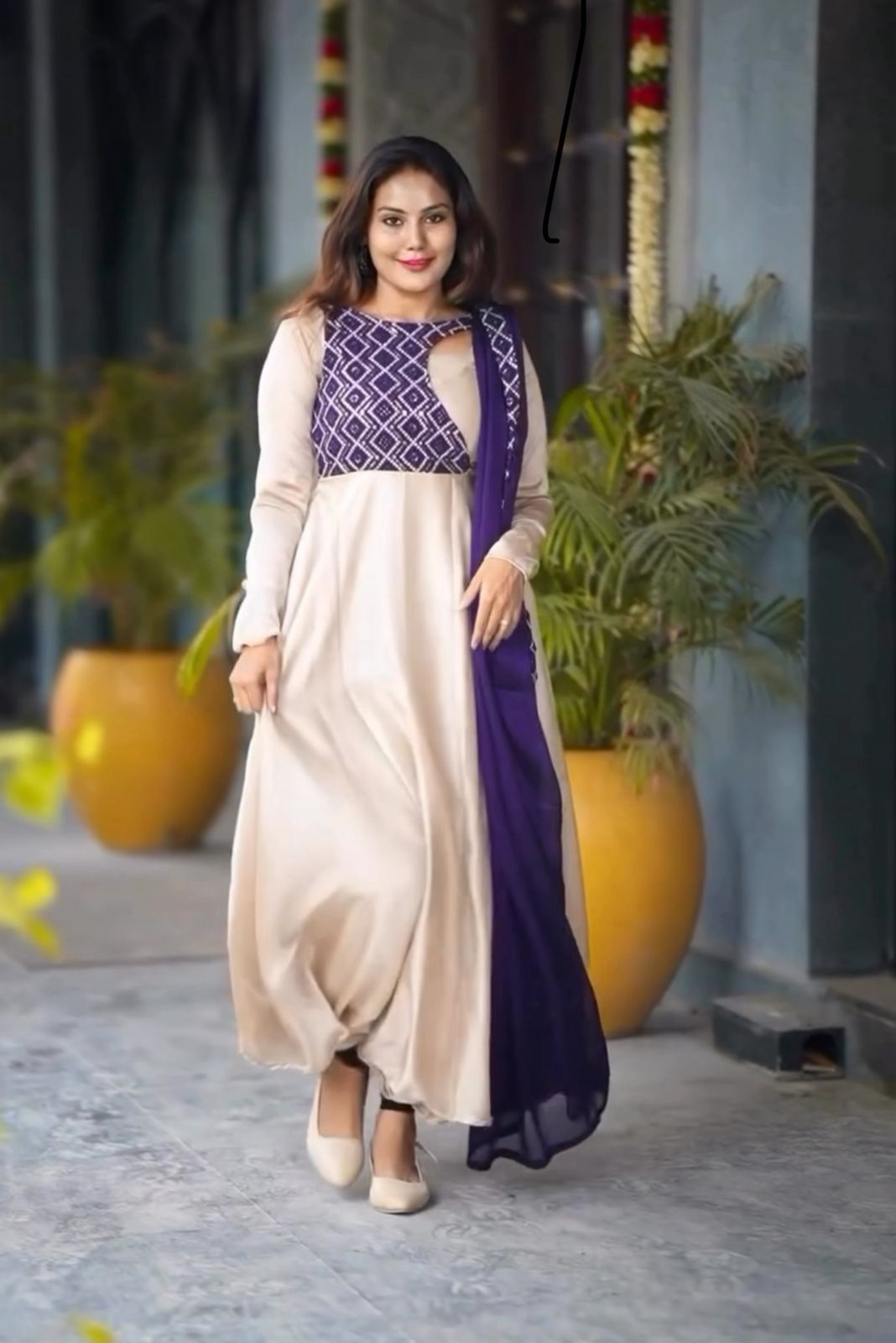 Elegant Beige and Purple Anarkali Dress