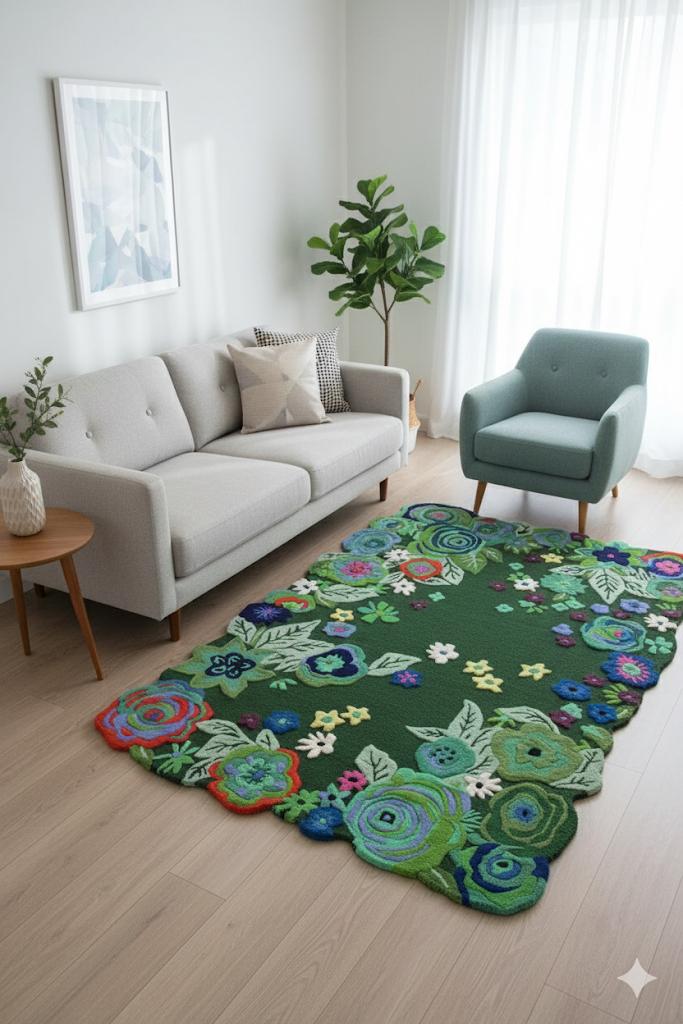Premium Green Floral Irregular Rug – Soft 3D Tufted Flower Mat for Bedroom & Kids Room Decor