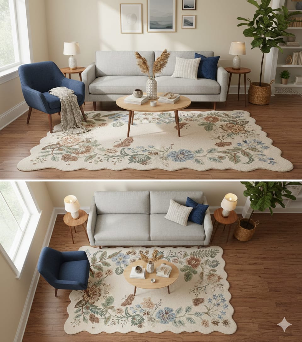 Luxury Hand-Tufted Floral Woolen Carpet - Scalloped Edge Border Area Rug for Living Room & Bedroom