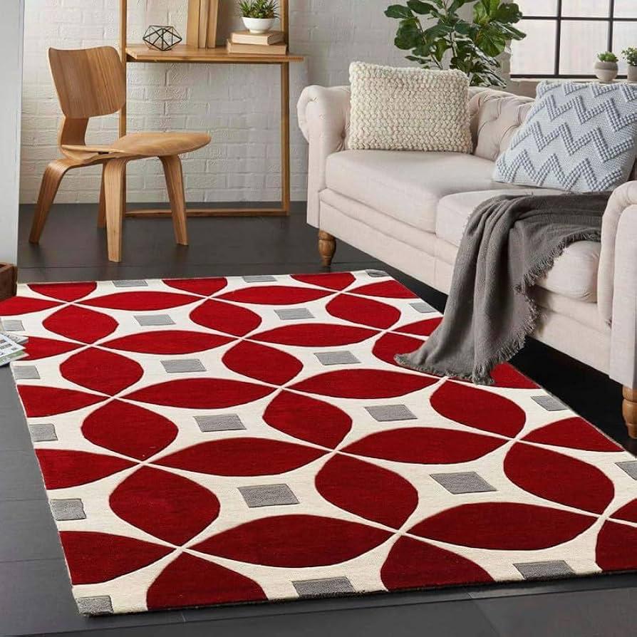 Luxury Hand-Tufted New Zealand Wool Rug - Geometric Red & Ivory Design