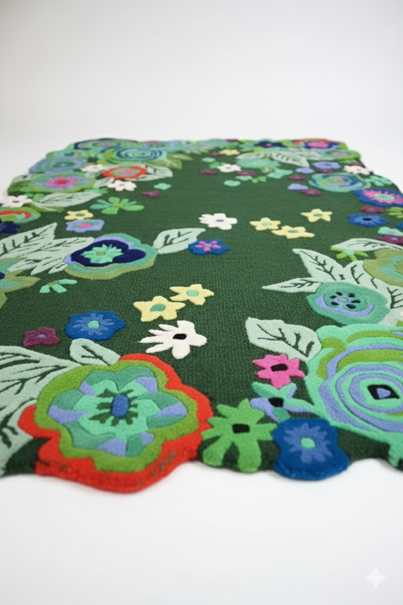 Premium Green Floral Irregular Rug – Soft 3D Tufted Flower Mat for Bedroom & Kids Room Decor