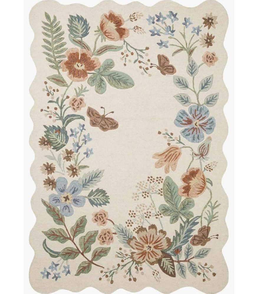 Luxury Hand-Tufted Floral Woolen Carpet - Scalloped Edge Border Area Rug for Living Room & Bedroom