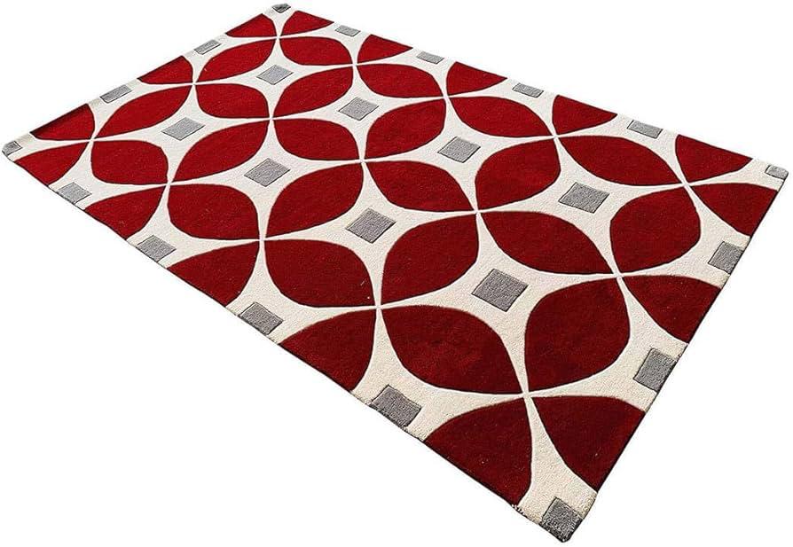 Luxury Hand-Tufted New Zealand Wool Rug - Geometric Red & Ivory Design