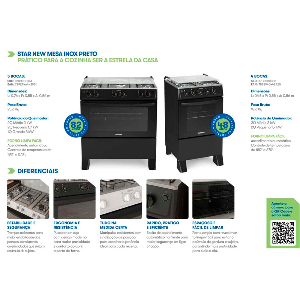 Fogão Itatiaia 4 bocas Star New preto