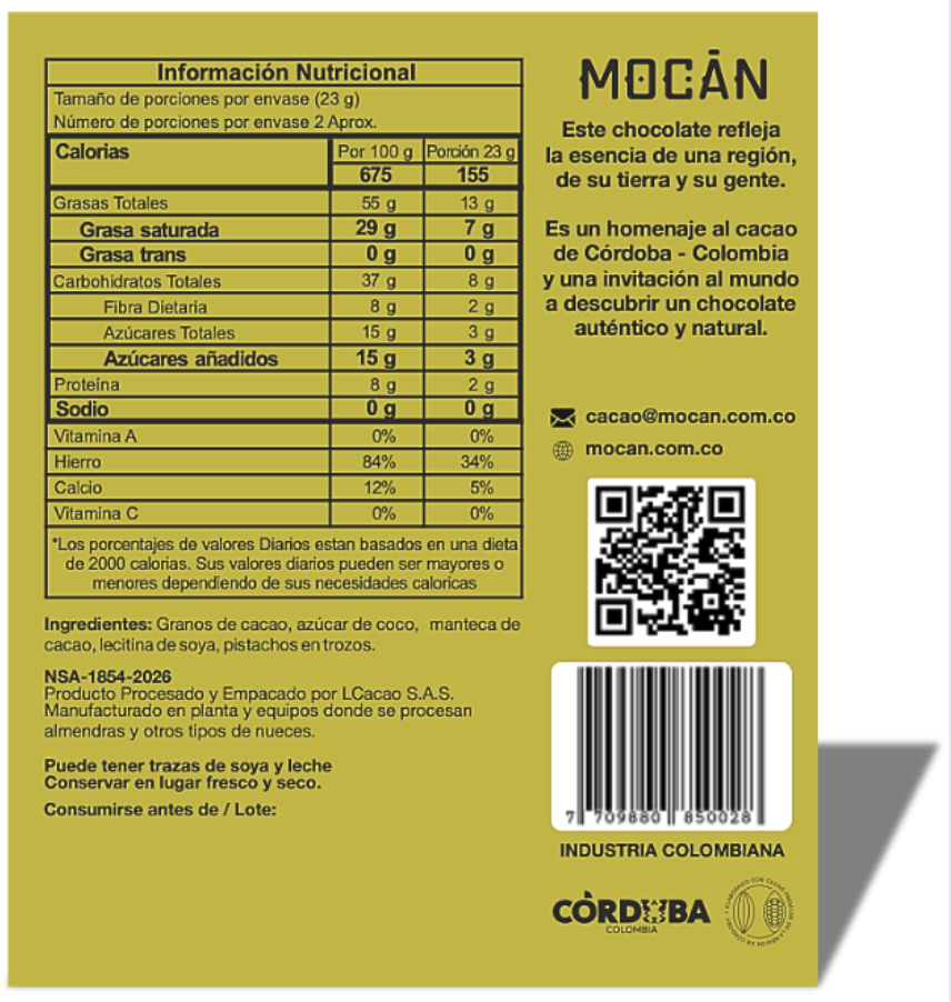 LORICA- Chocolate en barra al 85% con Pistacho