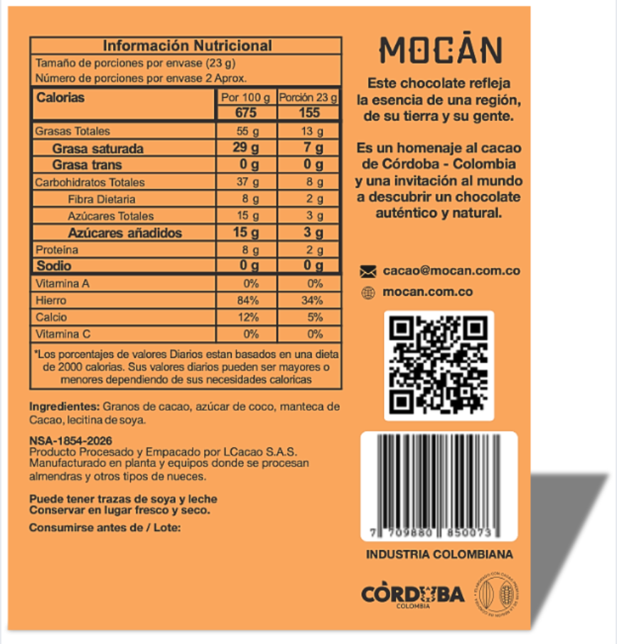 MONTERIA - Barra de chocolate al 85% de Cacao