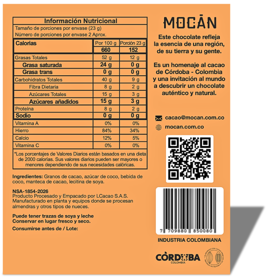 MONTERIA - Barra de chocolate al 70% de Cacao