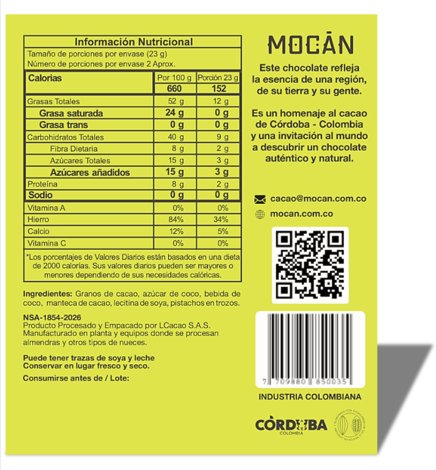 LORICA - Barra de Chocolate al  70% con Pistacho