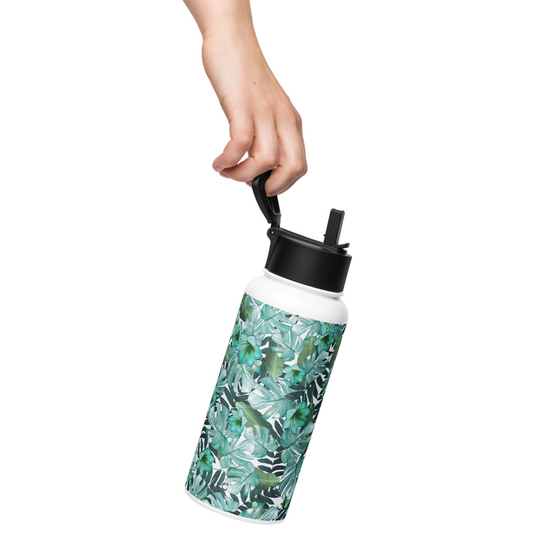  blue flowers and plants stainless steel water bottle with a straw lid