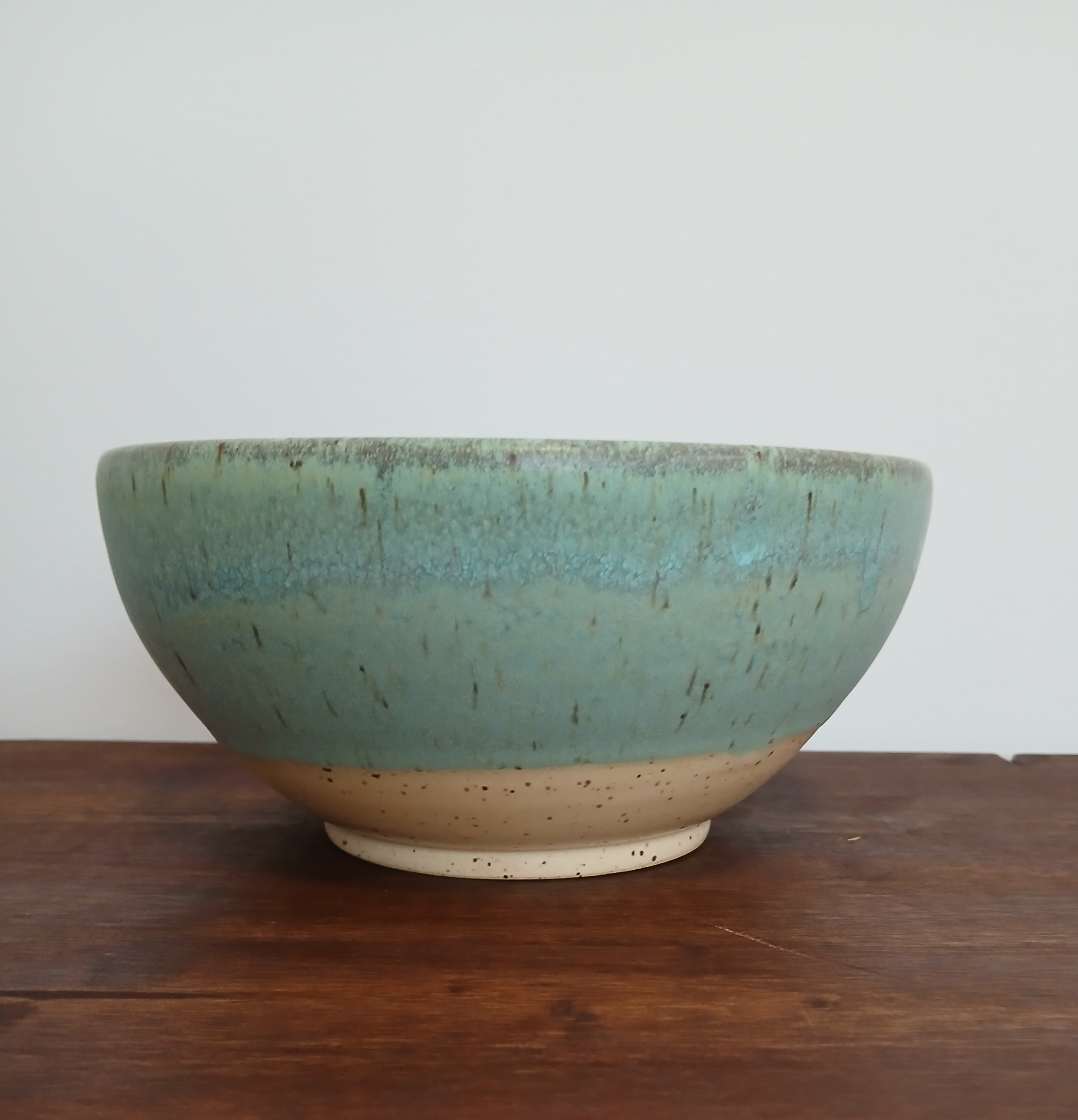 Handmade Ceramic Yarn Bowl Matte Green and Yellow Two Tone Glaze