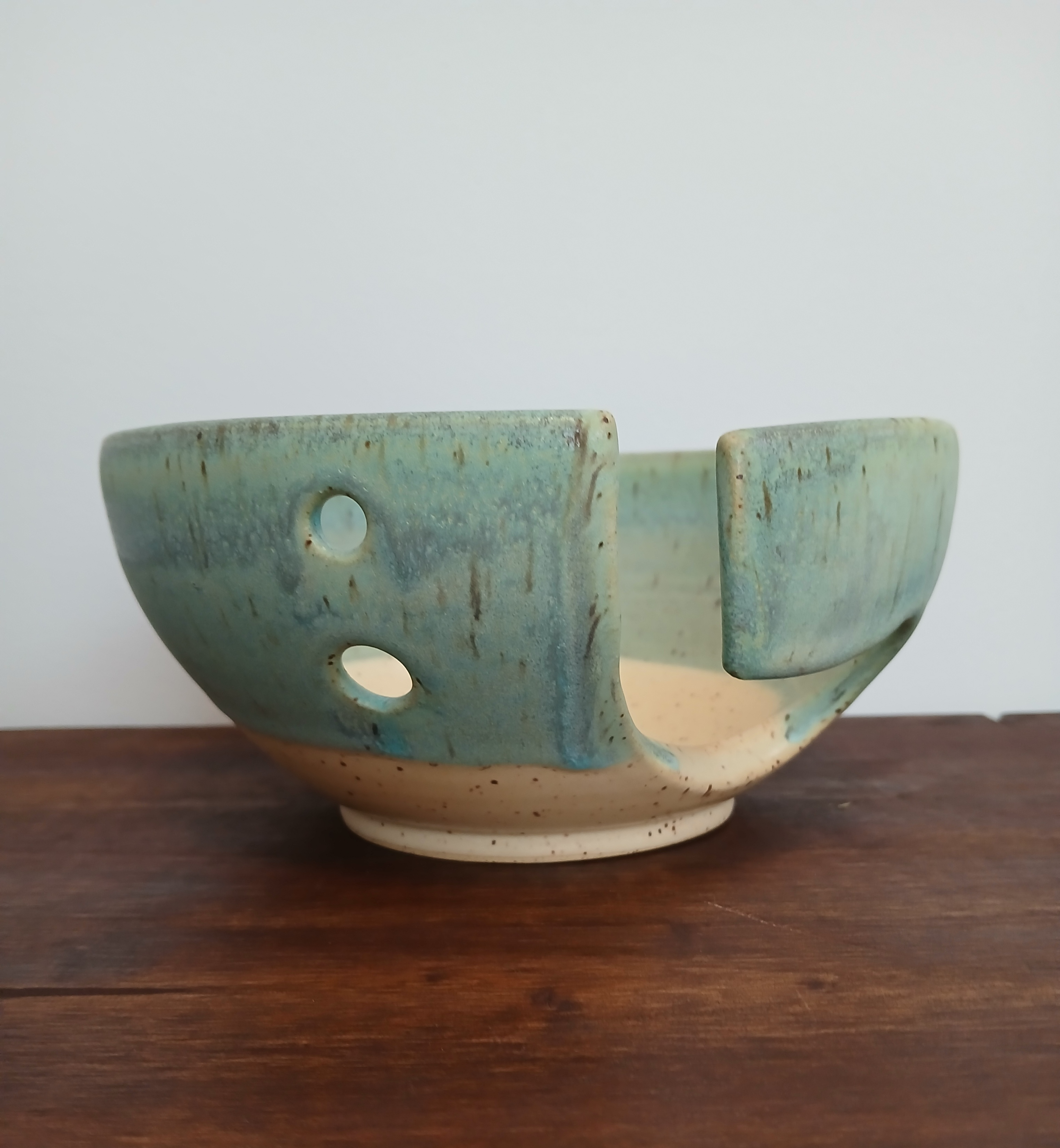Handmade Ceramic Yarn Bowl Matte Green and Yellow Two Tone Glaze