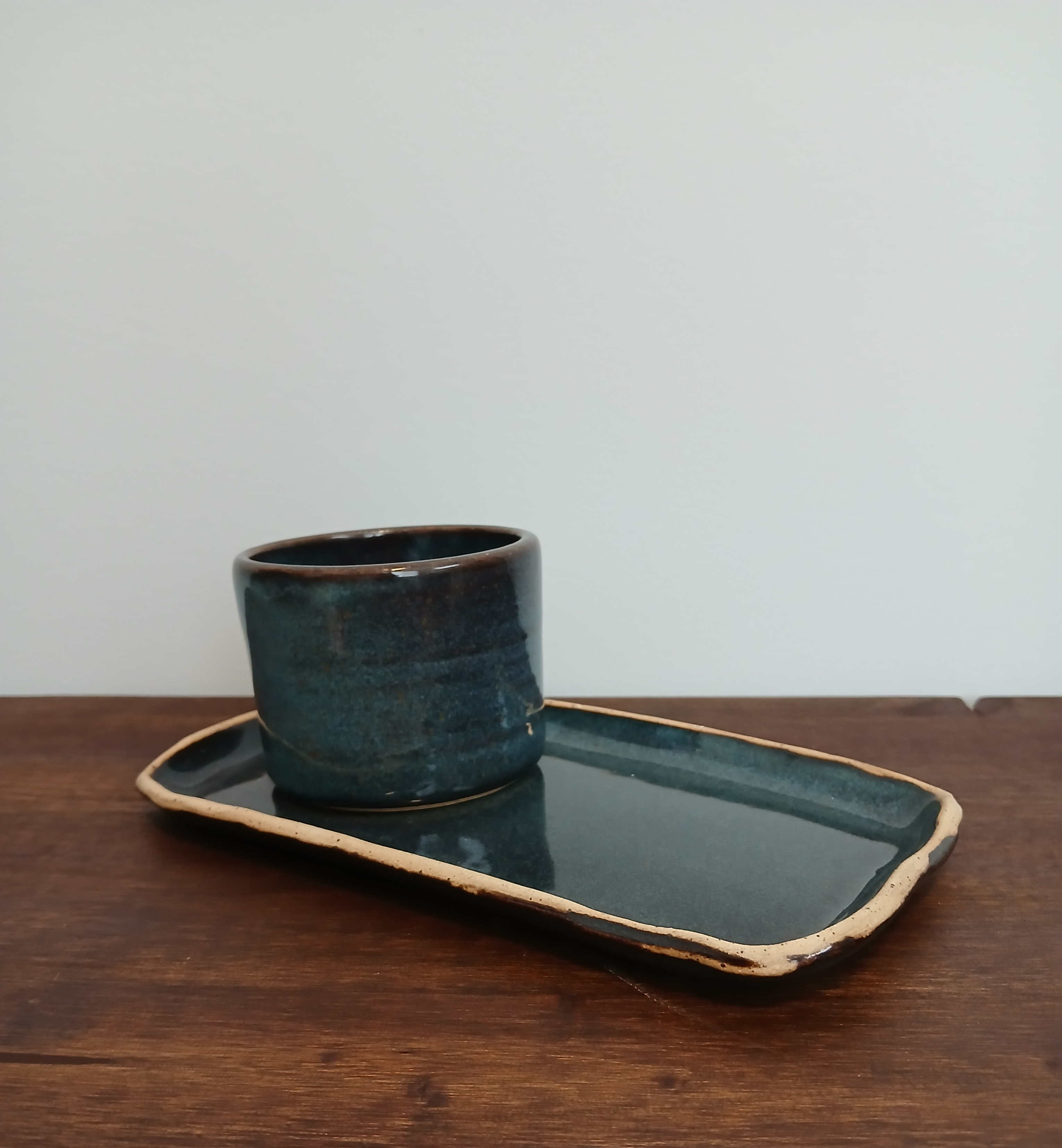 Handmade Ceramic Espresso Cup and Rectangular Saucer Plate