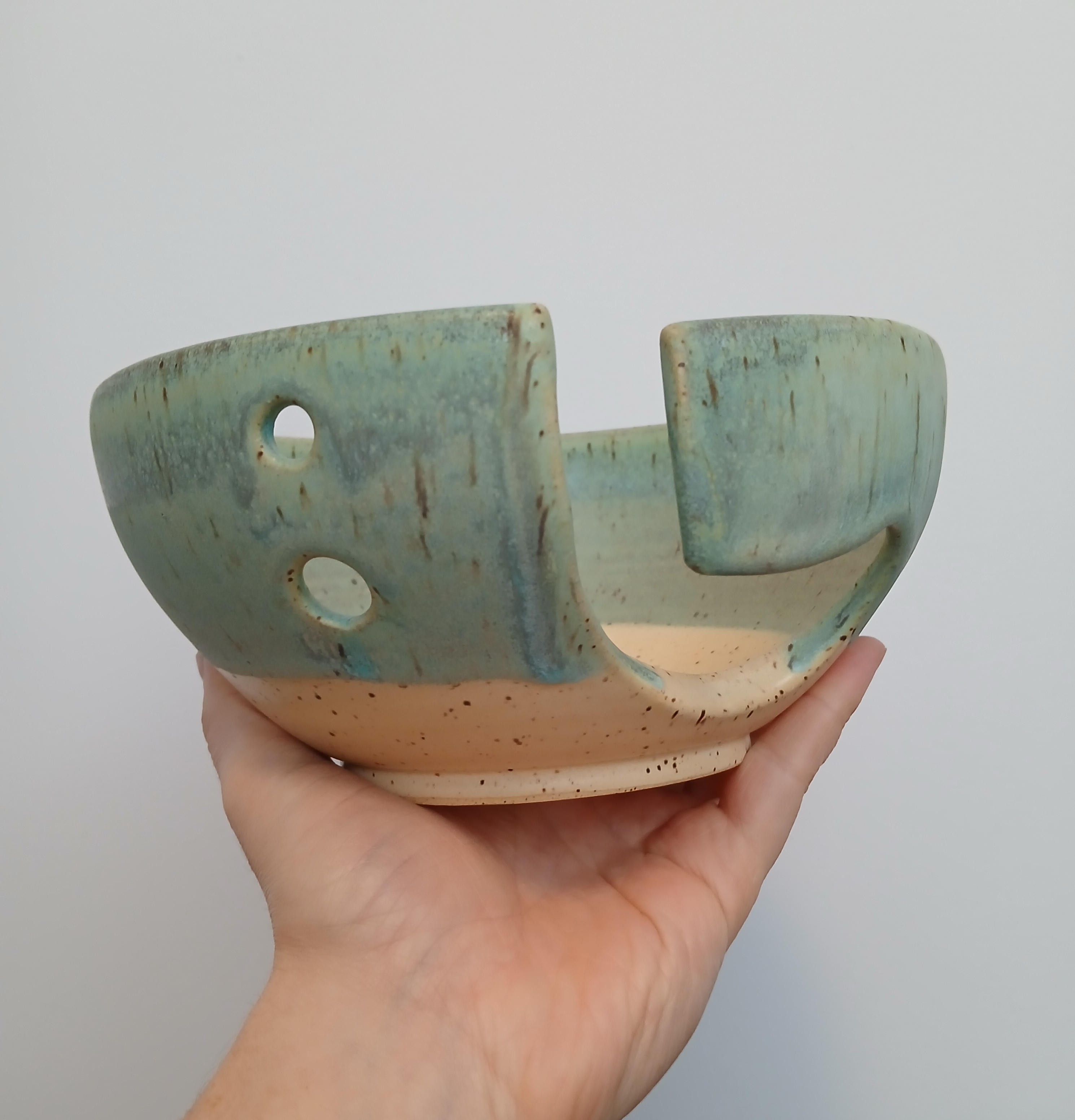 Handmade Ceramic Yarn Bowl Matte Green and Yellow Two Tone Glaze