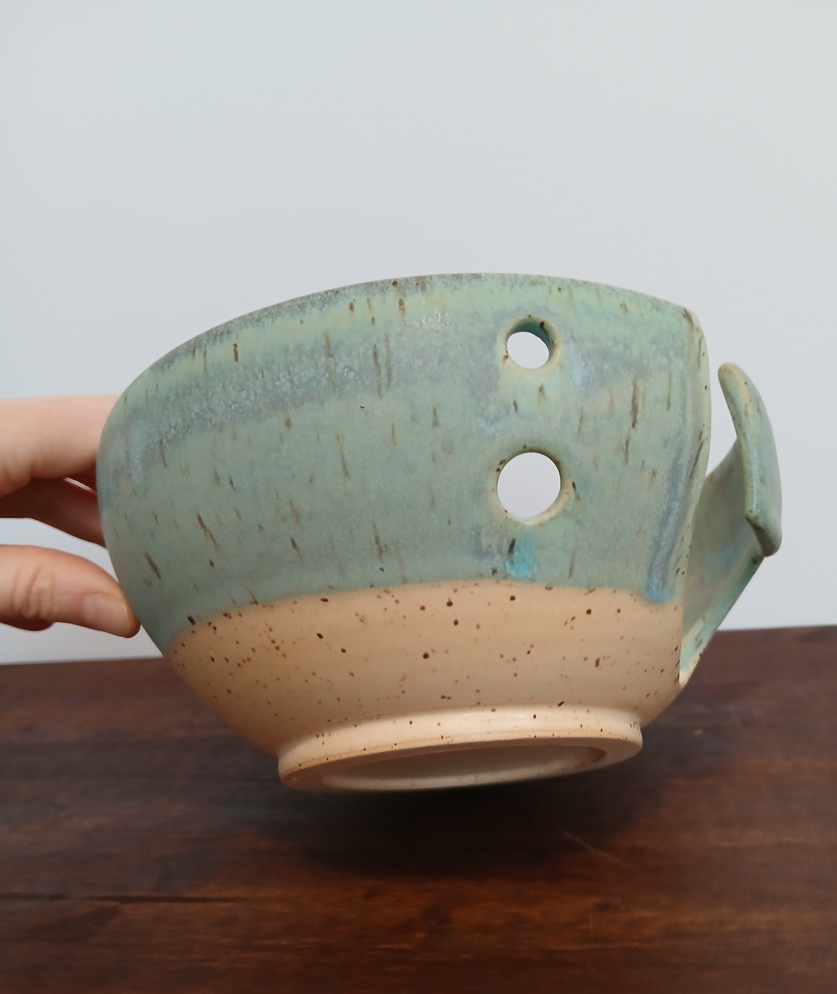 Handmade Ceramic Yarn Bowl Matte Green and Yellow Two Tone Glaze