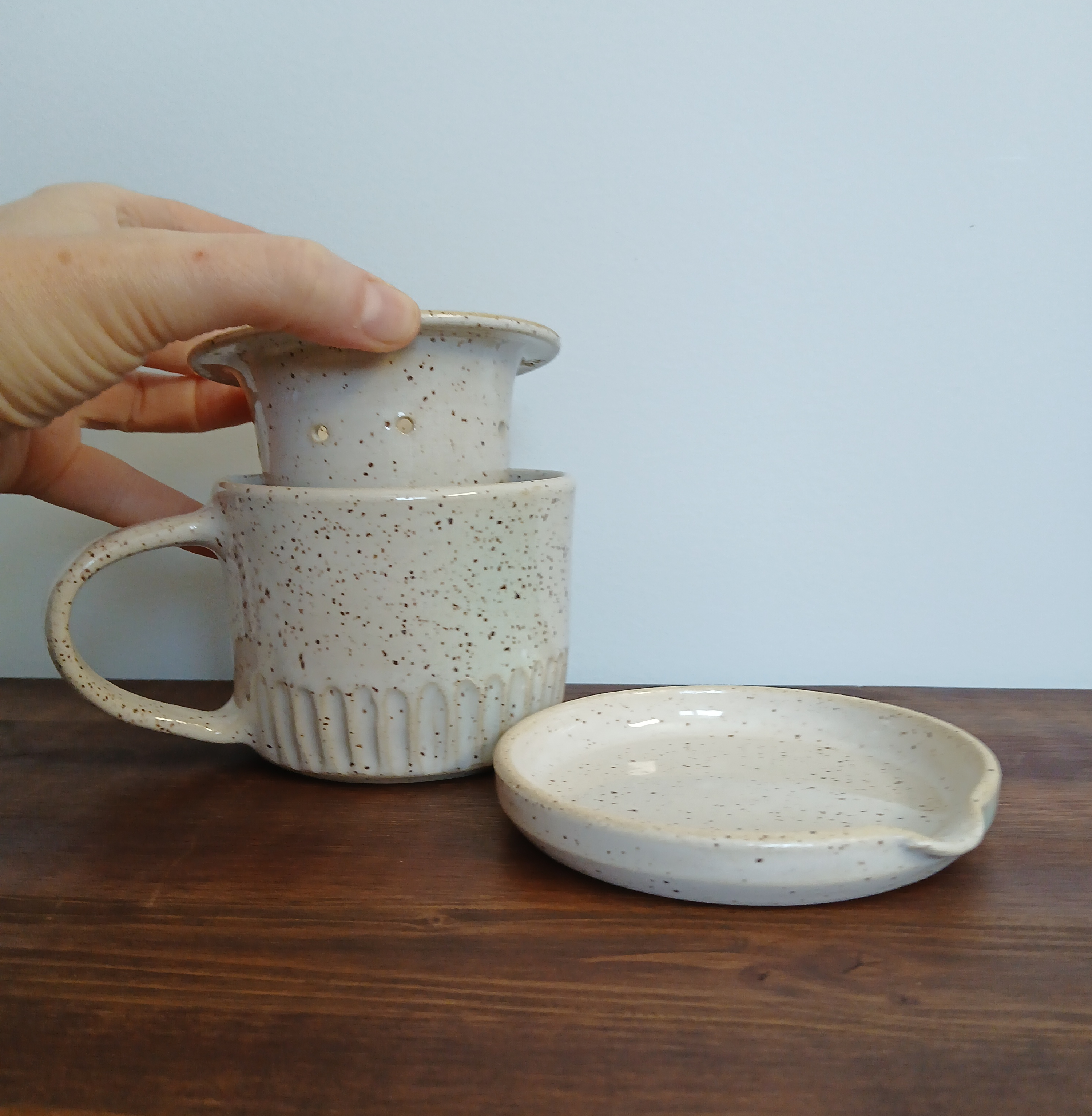 Handmade Ceramic Mug for Loose leaf tea with strainer and drip plate - 3 piece set for tea lover