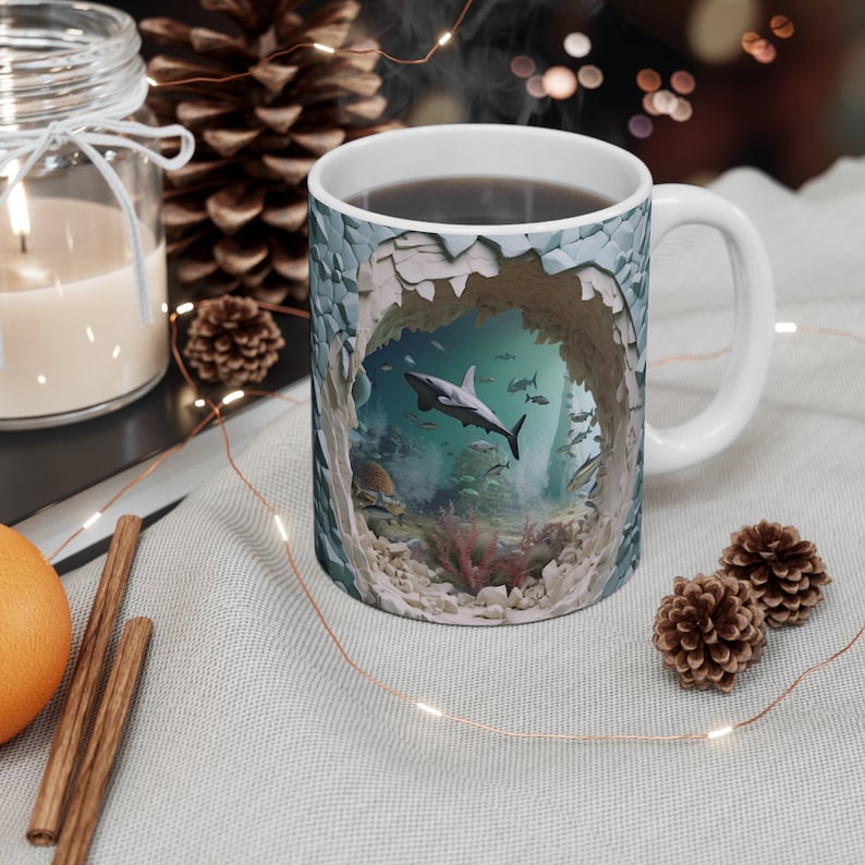 3D Image Sharks In the Ocean Coffee Mug, 3D White Shark Crack Hole 11oz Coffee Mug, 3D Mug