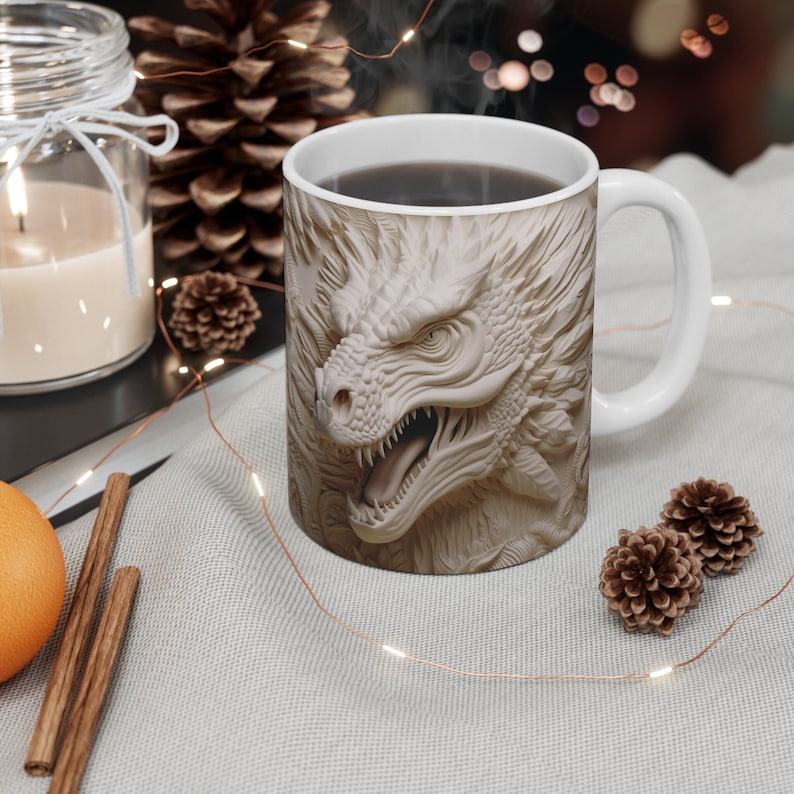 3D Image White Dragon Mug, 3D Dragon Mug, 3D Coffee Mug 11oz Floral
