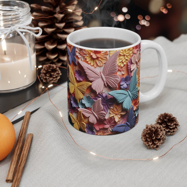 3D Image Colorful Butterfly and Flowers Coffee Mug, 11oz Mug, 3D Floral Mug, Butterfly Mug, 11oz Mug