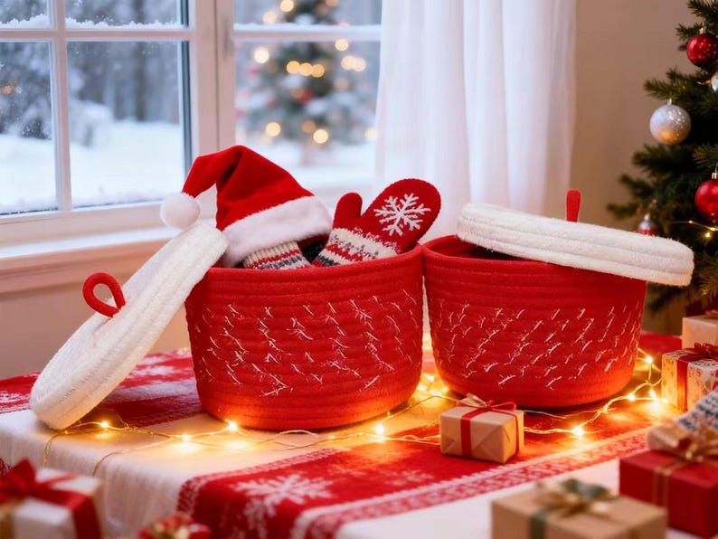 Christmas covered cotton rope basket: holiday decoration