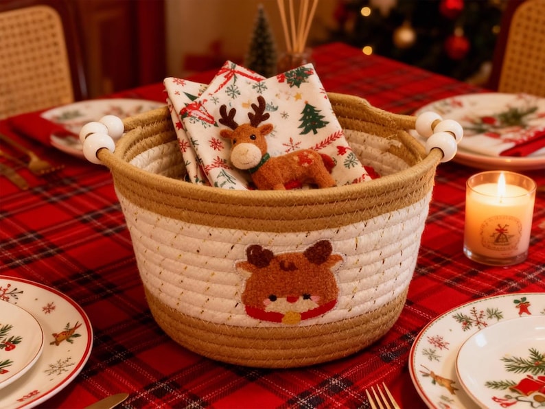 Christmas reindeer rope storage basket: a handmade holiday decoration