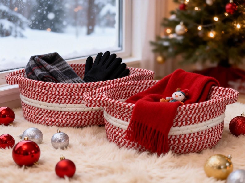 2-Pack Christmas Red and White Cotton Rope Baskets: Handmade Holiday Decorations
