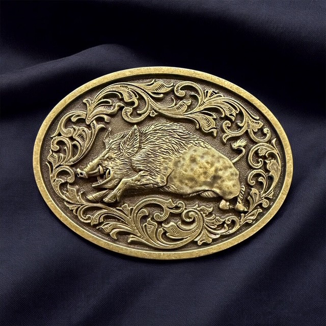 Ornate Boar Brass Belt Buckle