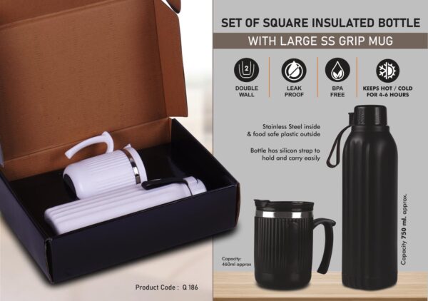 Q186 – Set of Square Insulated bottle with Large SS Grip mug | Bottle Keeps hot for 4-6 hours
