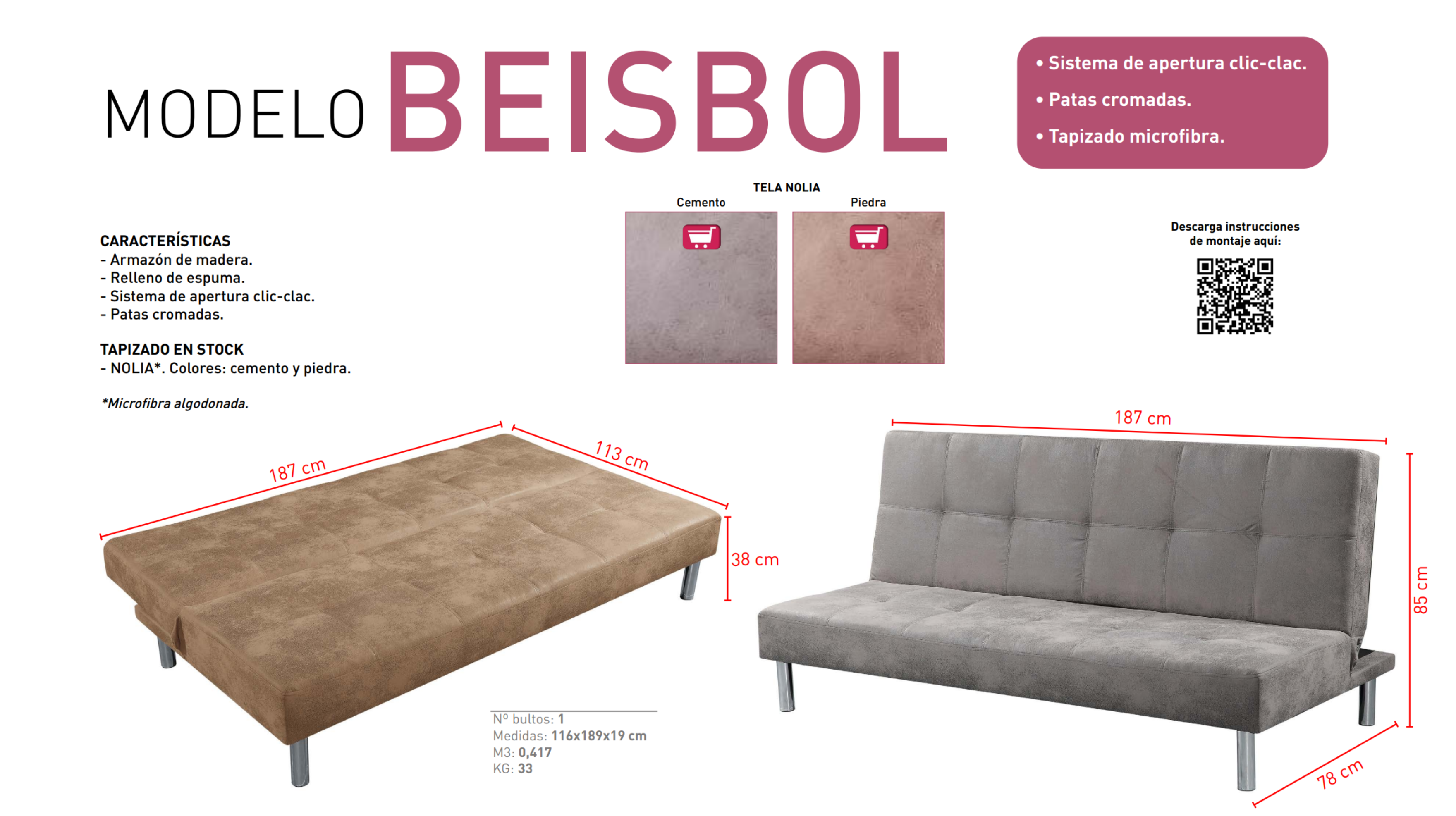 Sofá Cama Clic-Clac con Patas Cromadas y Tapizado en Microfibra