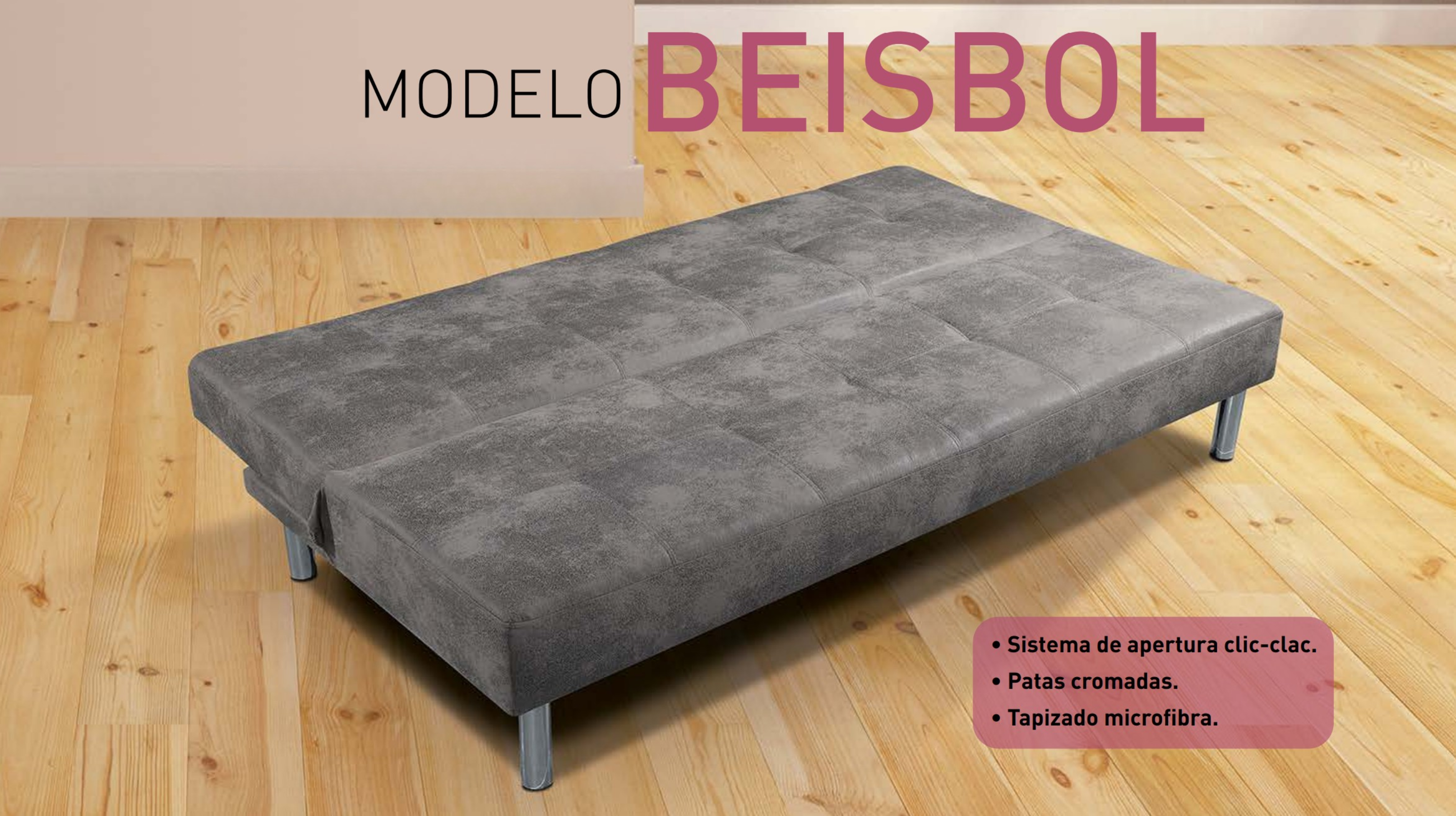 Sofá Cama Clic-Clac con Patas Cromadas y Tapizado en Microfibra