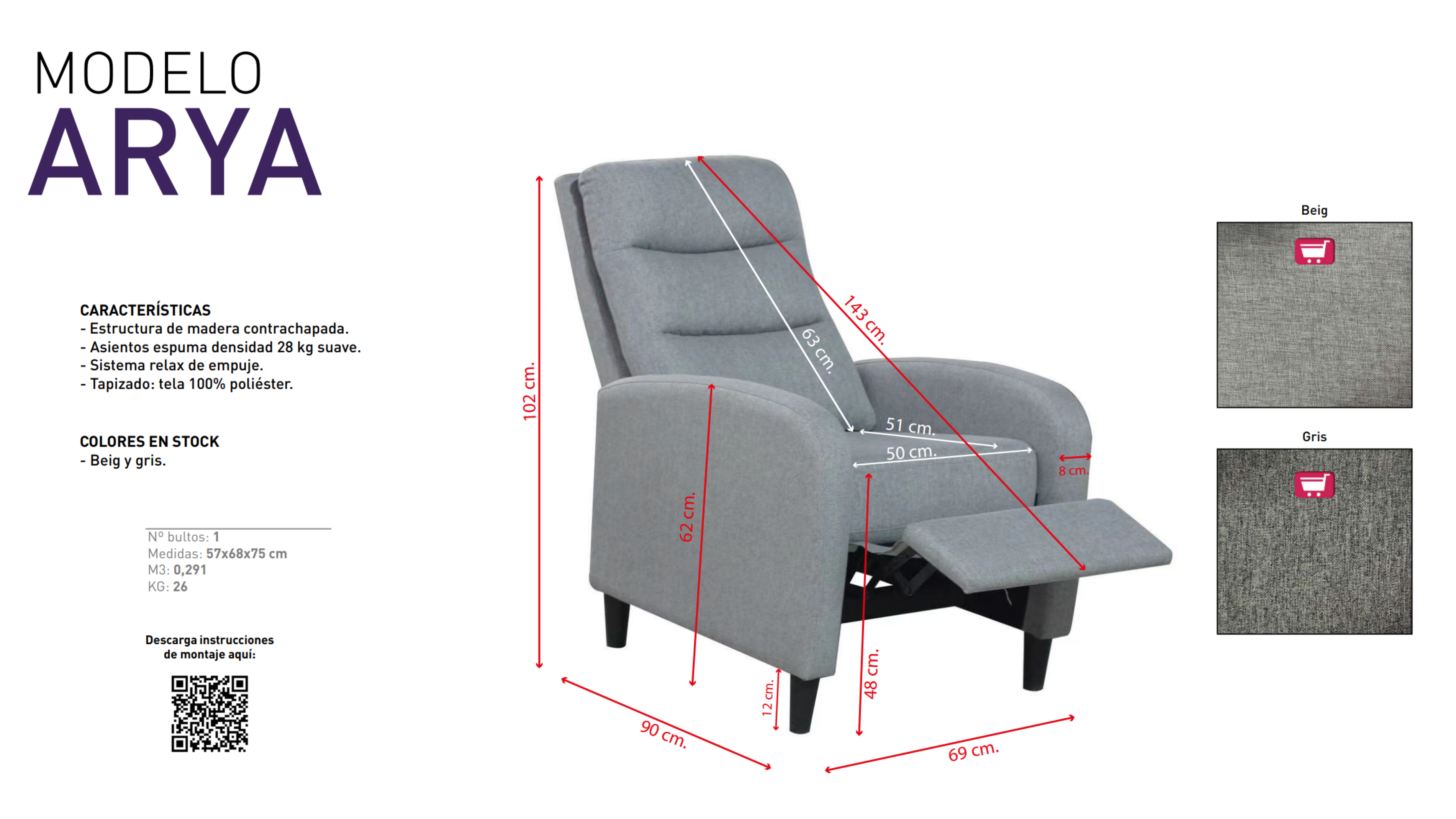 Butaca Relax Reclinable en Tela – Sistema de Empuje