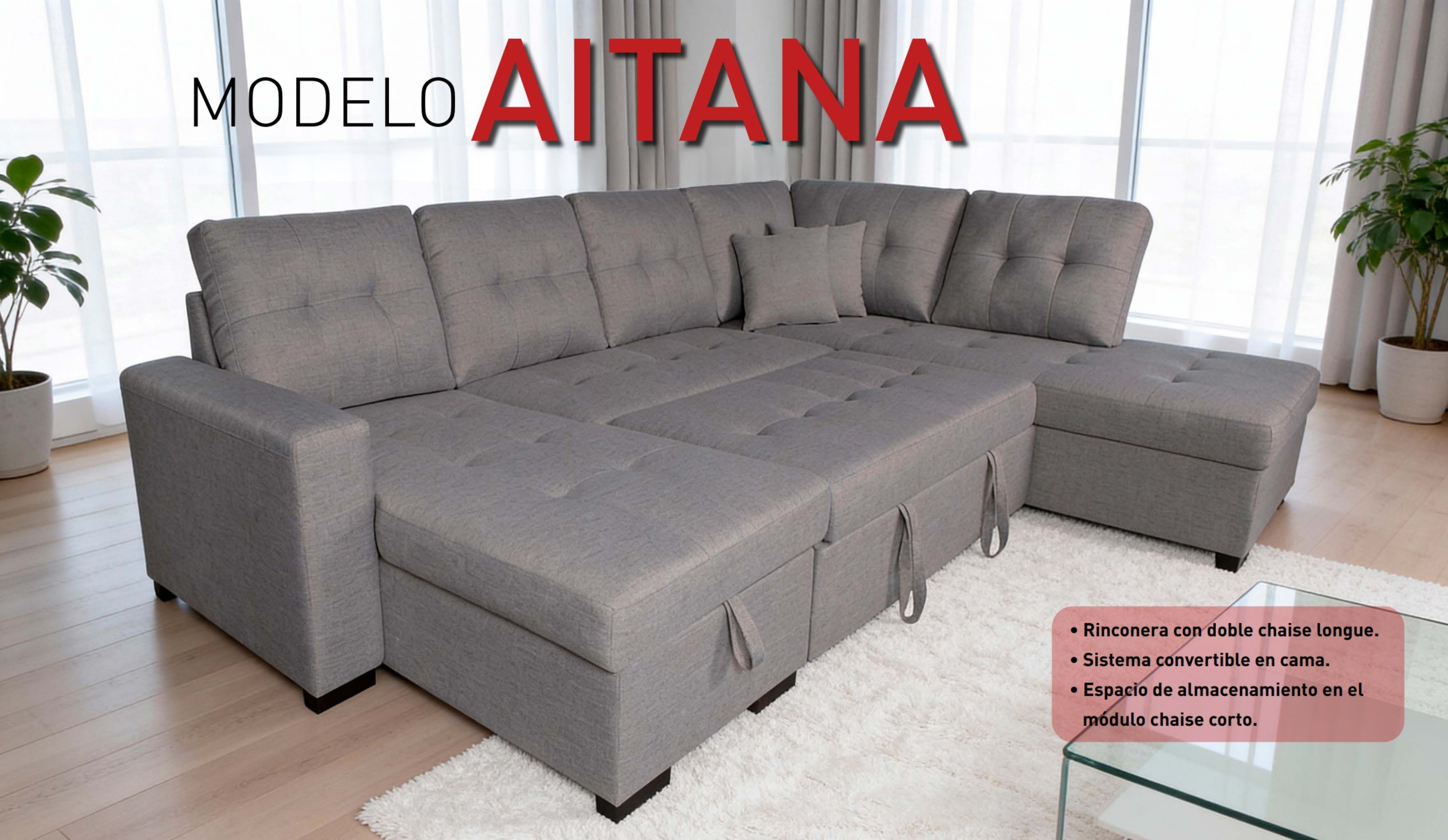 Sofá Modelo U con Chaise Longue y Cama