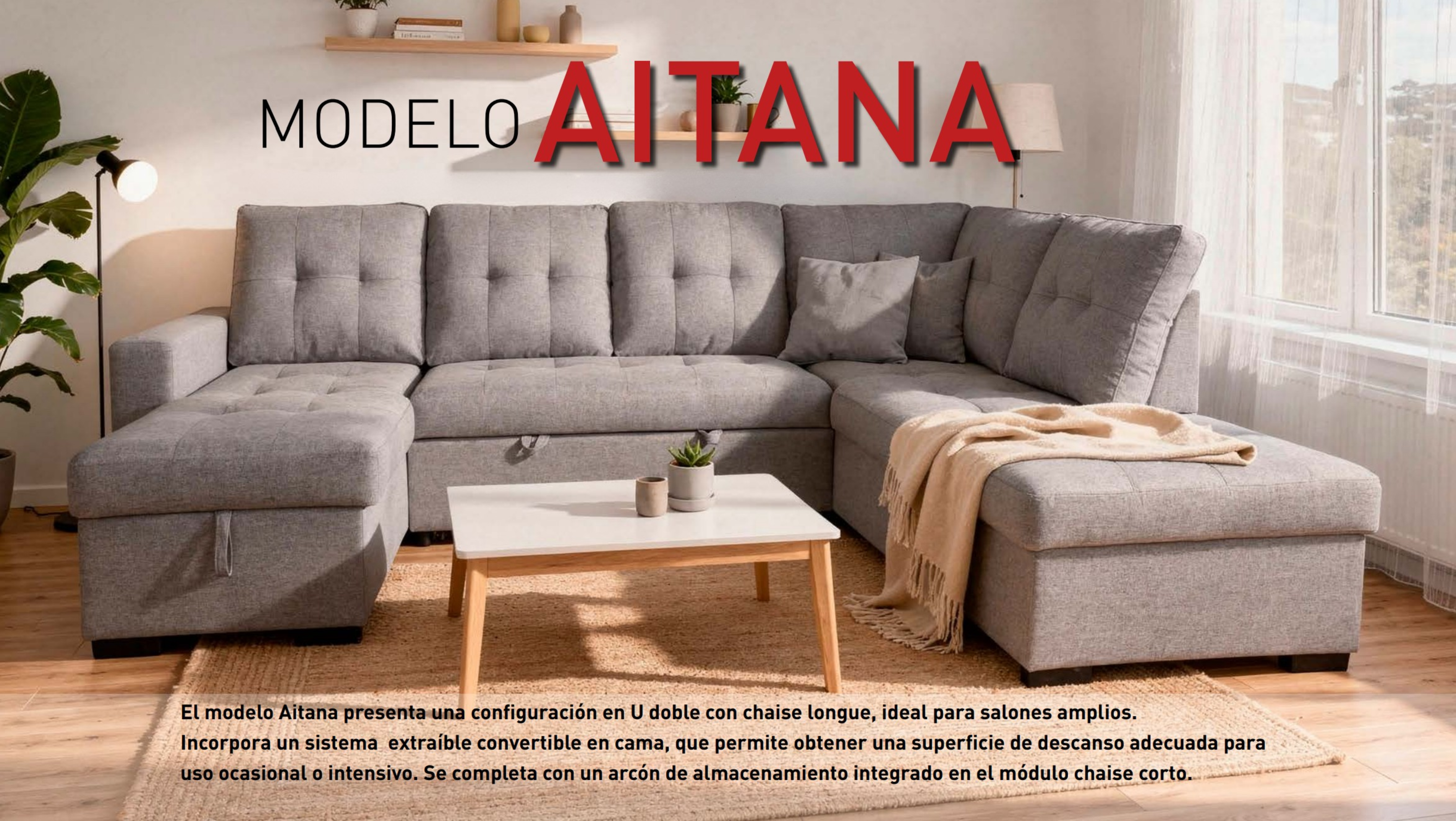 Sofá Modelo U con Chaise Longue y Cama