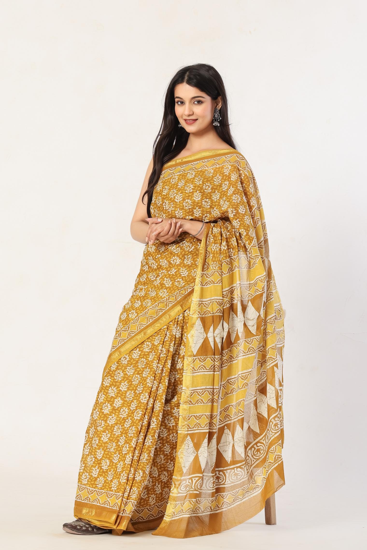 Block Print Yellow Saree