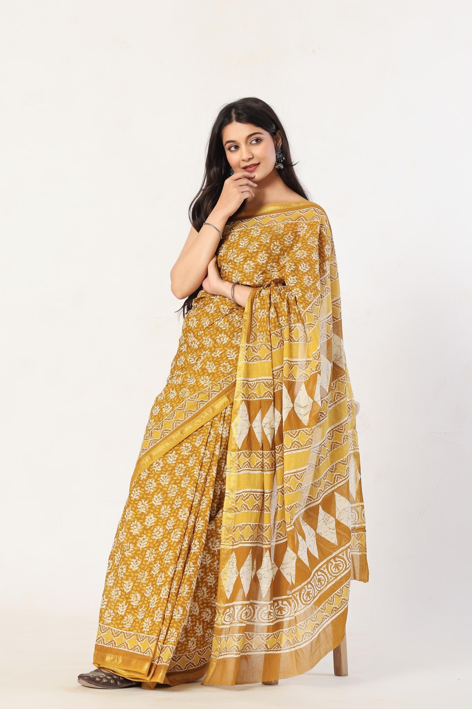 Block Print Yellow Saree