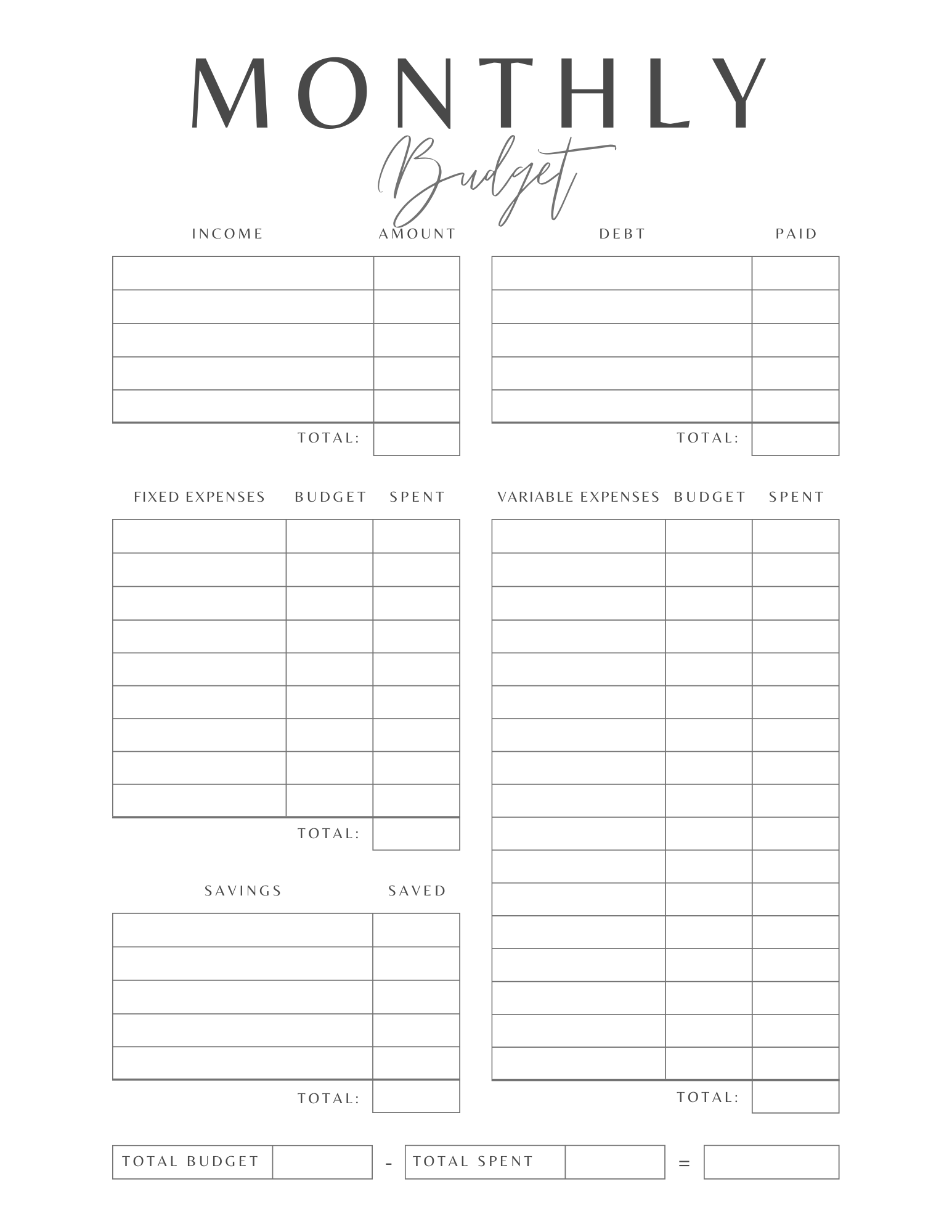 Printable Monthly Budget Sheet