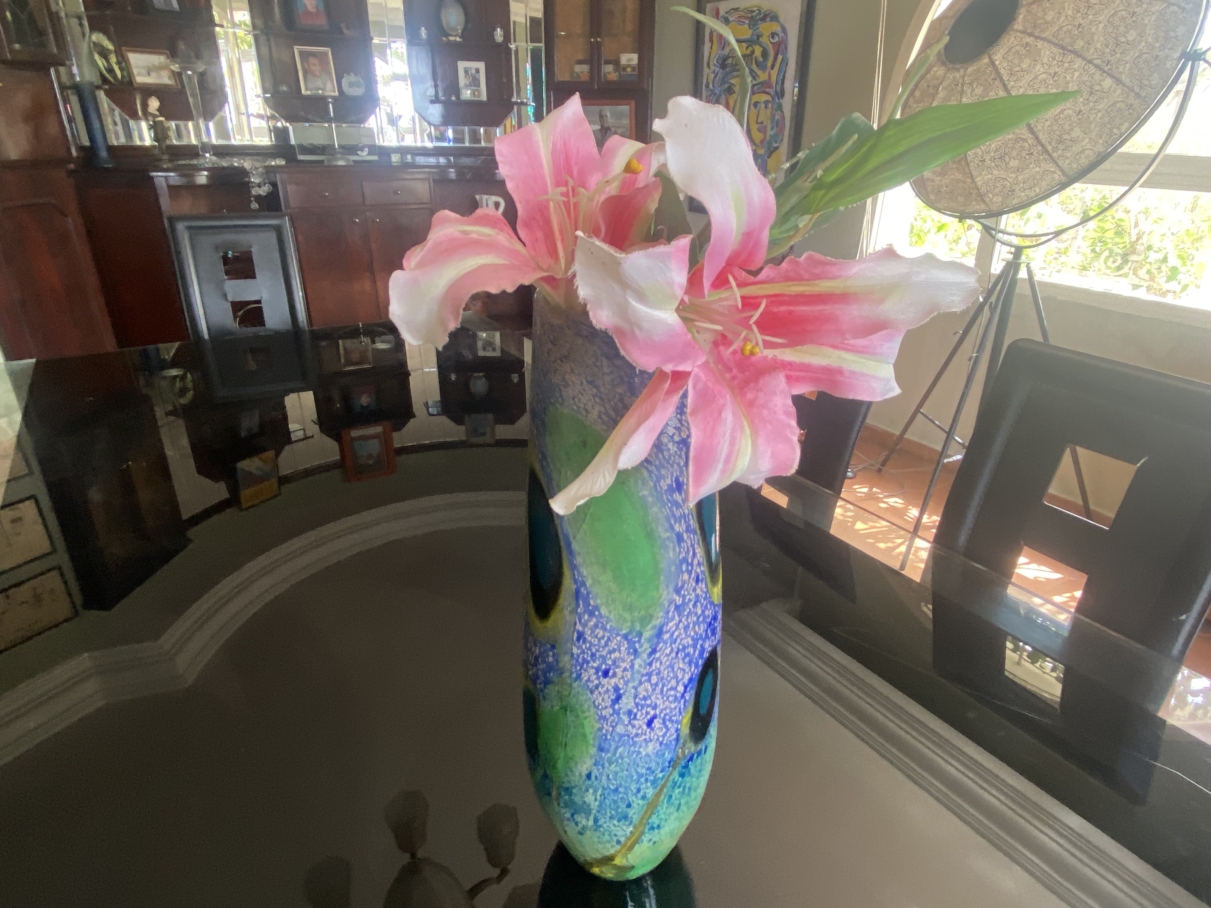 Decorative Glass Vase with Artificial Pink Lilies