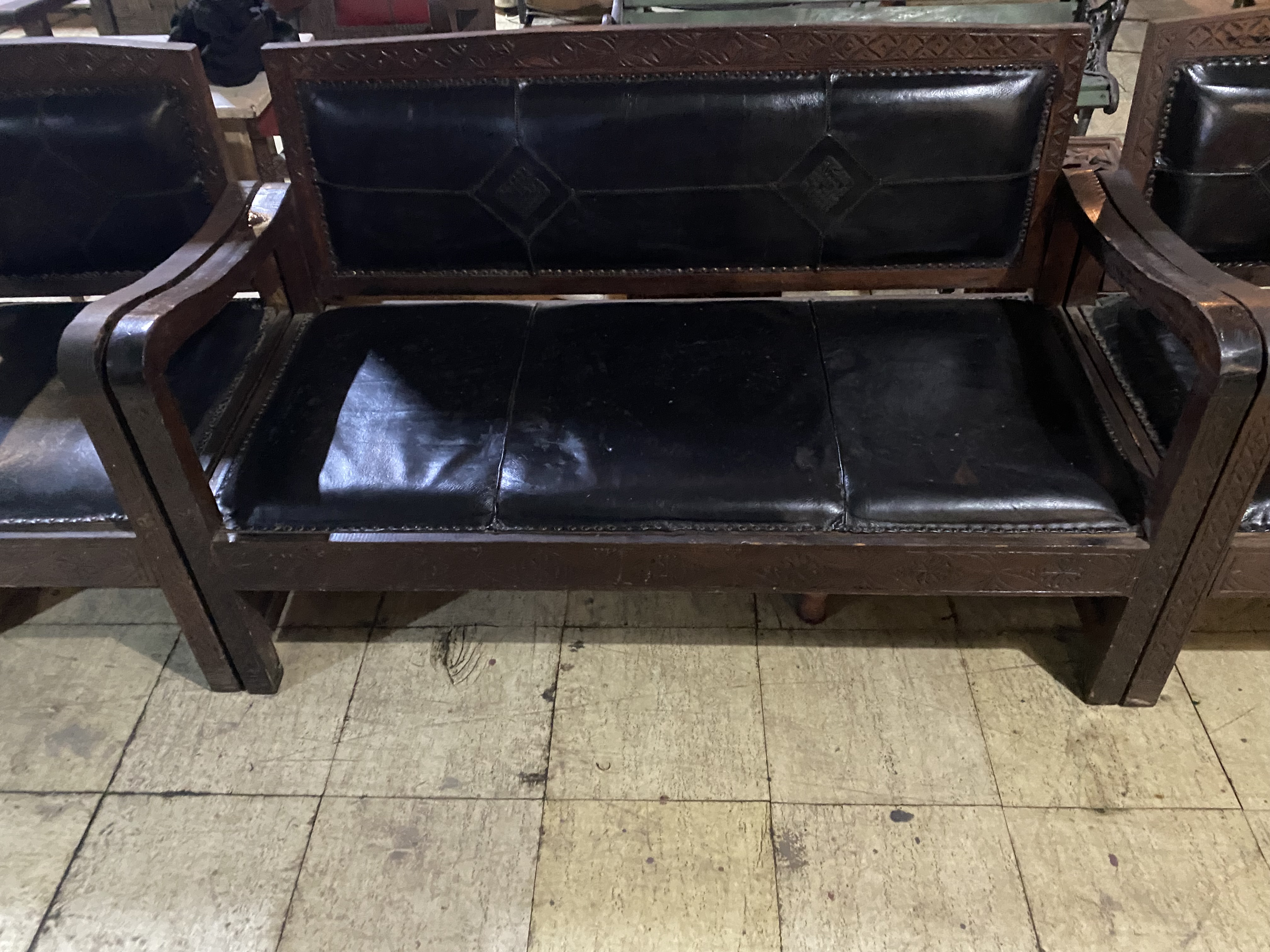 Classic Wooden & Leather Sofa