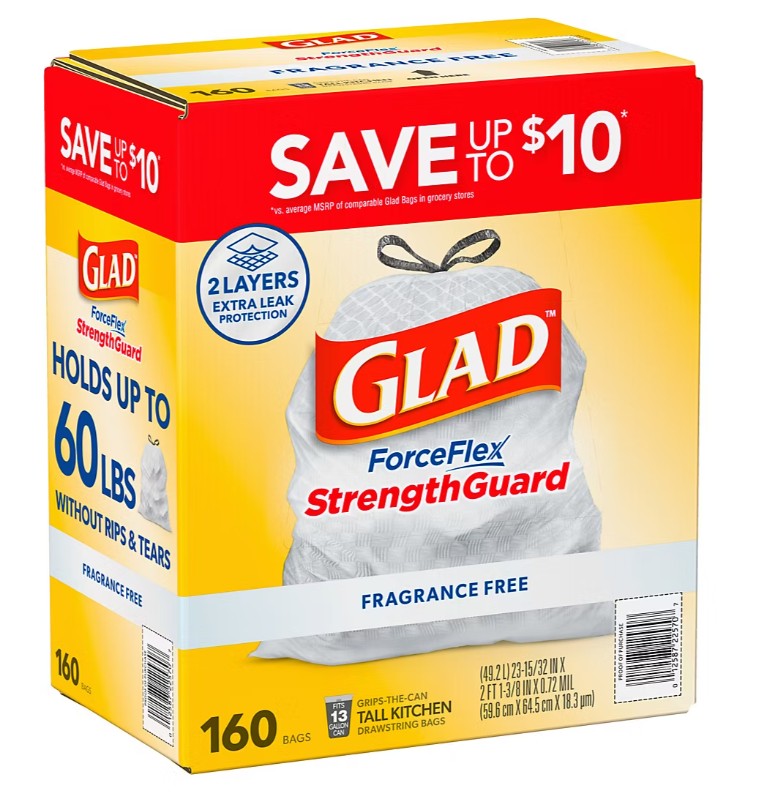 Glad ForceFlex StrengthGuard Trash Bags 13 Gallon, 160 Count, Fragrance Free