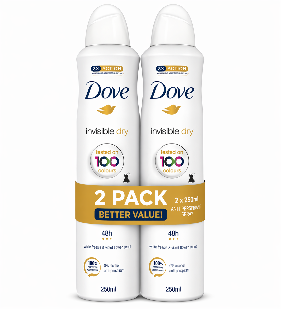 Dove Invisible Dry Antiperspirant Spray 250 ml – 2 Pack, 48h Protection, No White Marks