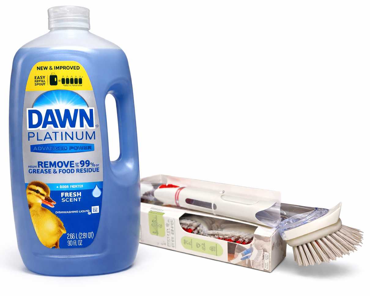 Dawn Platinum Dish Soap + Soap Dispensing Dish Brush Bundle – 90 oz + Brush with 2 Replacement Heads