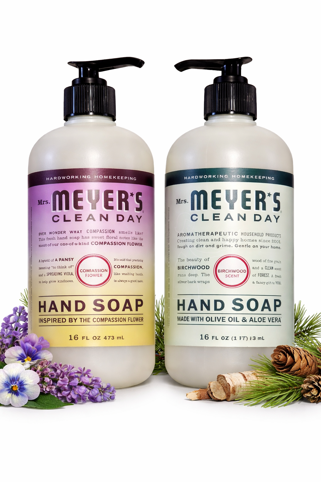 Mrs. Meyer’s Hand Soap Duo – Compassion Flower & Birchwood, 16 fl oz Bottles (2-Pack)