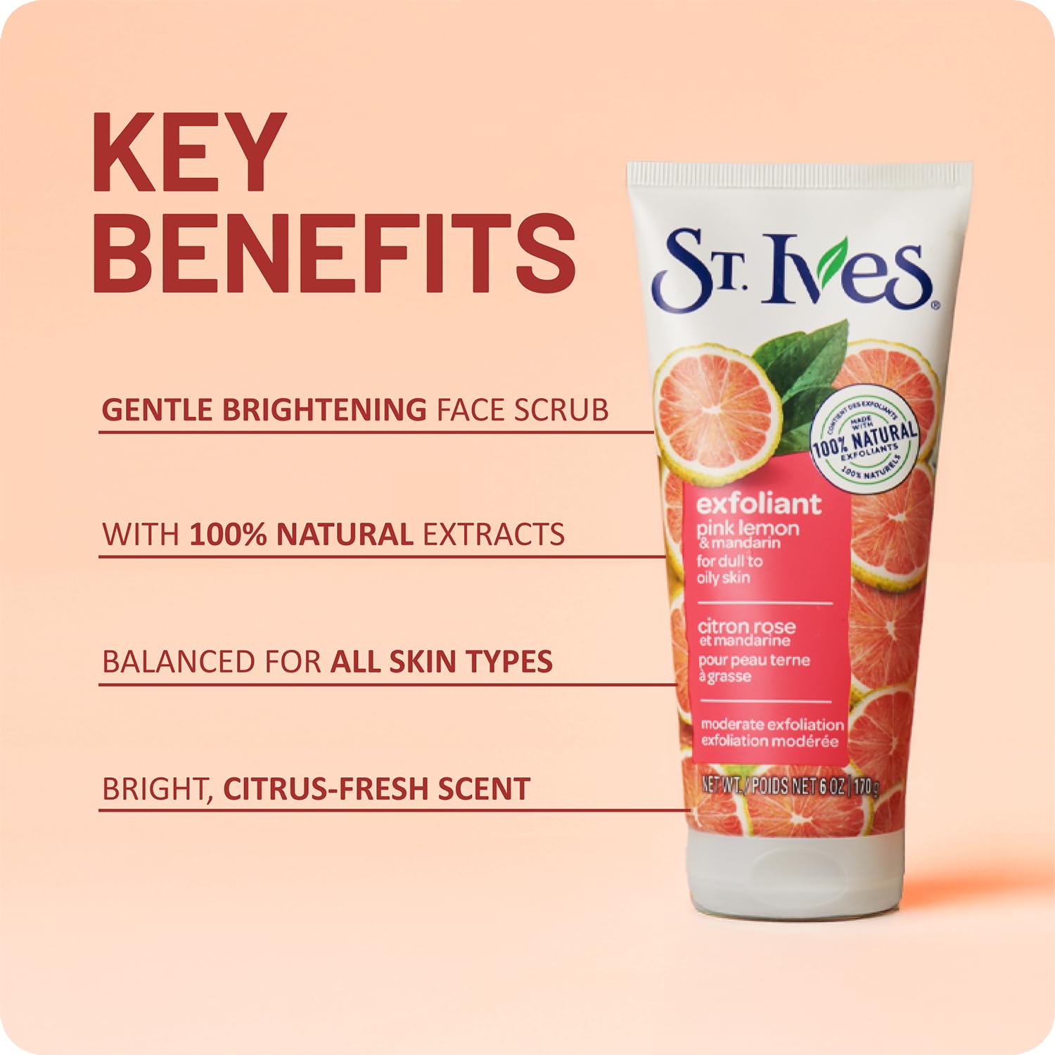 St. Ives Pink Lemon & Mandarin Face Scrub 6 oz – 2 Pack, Moderate Exfoliation for Dull to Oily Skin