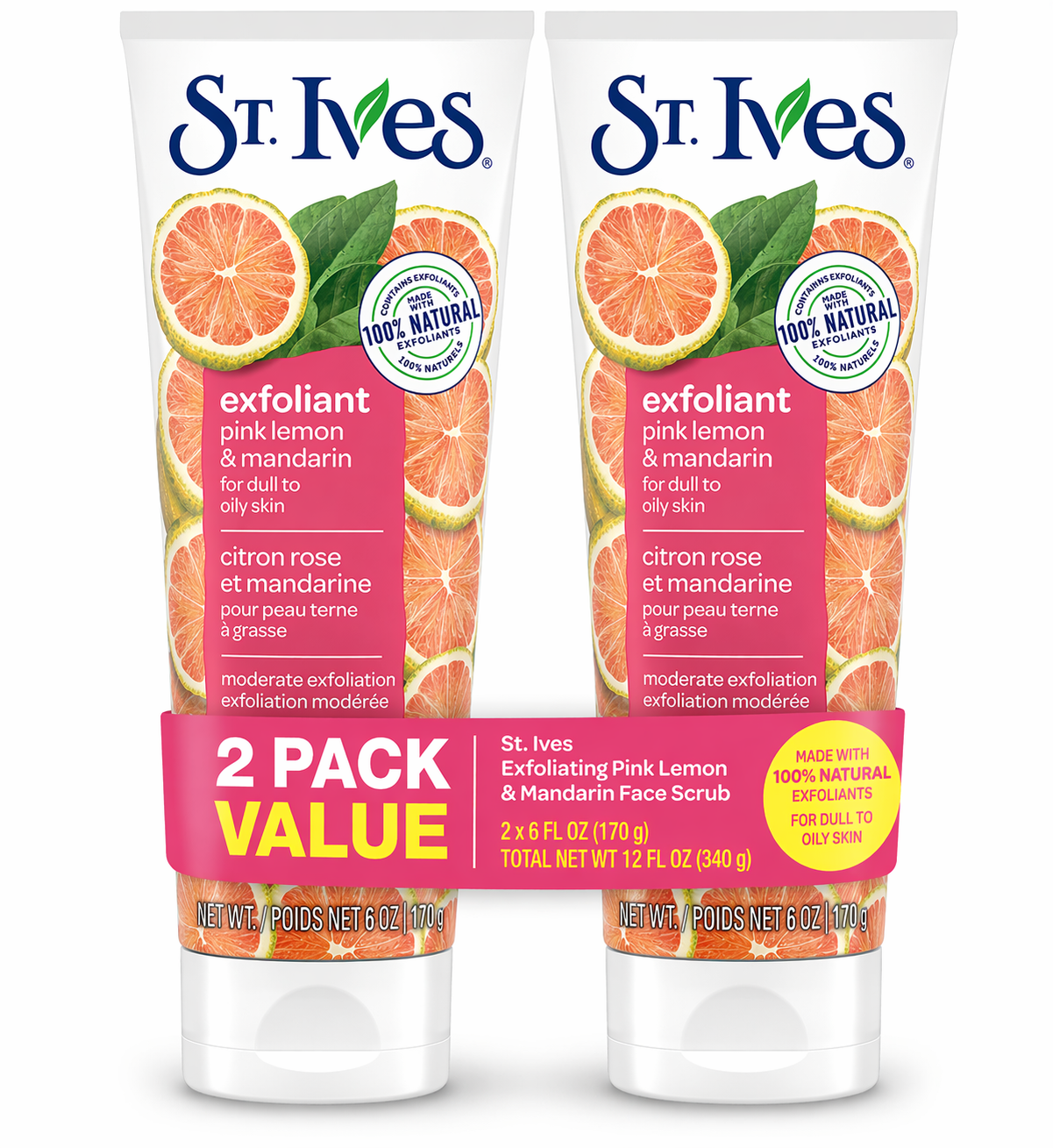 St. Ives Pink Lemon & Mandarin Face Scrub 6 oz – 2 Pack, Moderate Exfoliation for Dull to Oily Skin