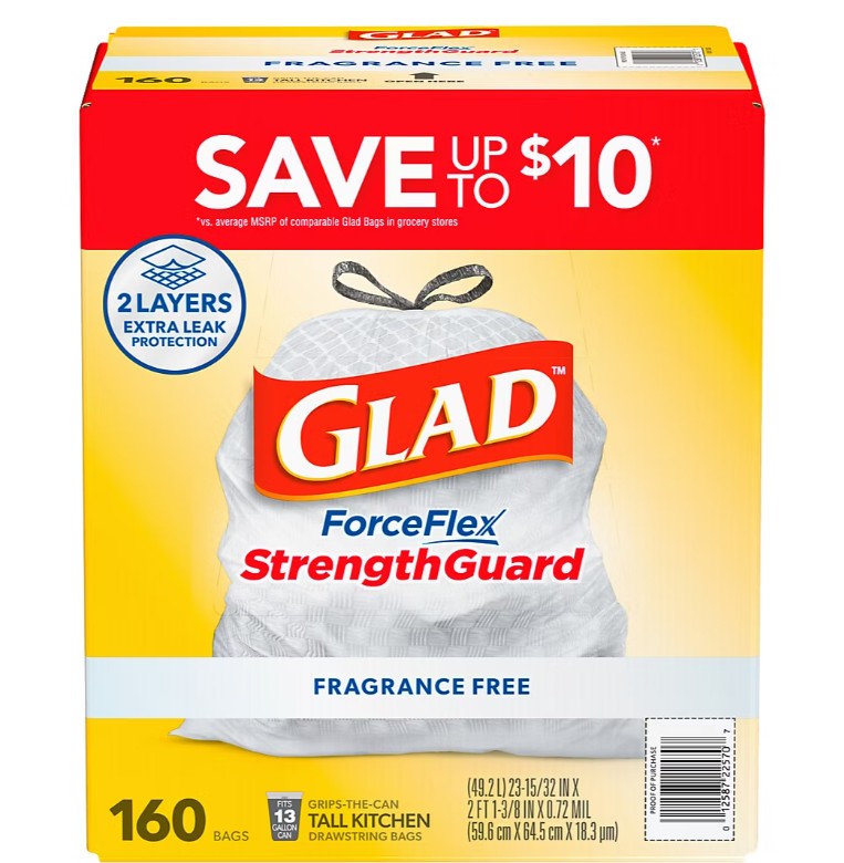 Glad ForceFlex StrengthGuard Trash Bags 13 Gallon, 160 Count, Fragrance Free