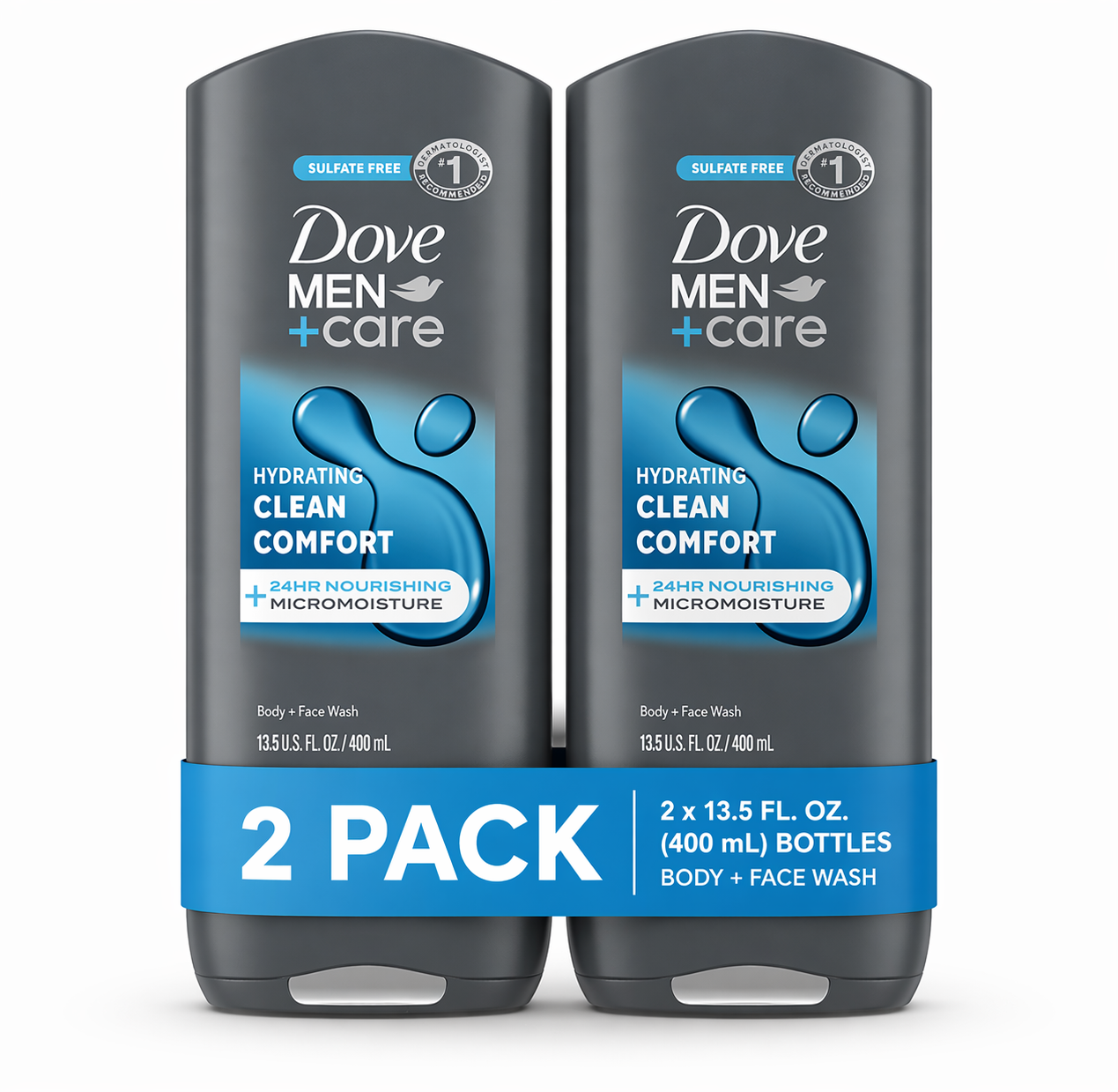 Dove Men+Care Clean Comfort Body & Face Wash 13.5 oz (400 ml) – 2 Pack, Hydrating Clean
