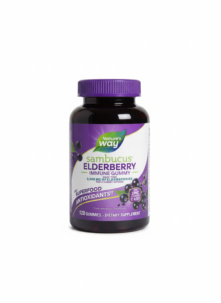 Daily immune support with elderberry, vitamin C, D and zinc. 120 great-tasting gummies for the whole family.