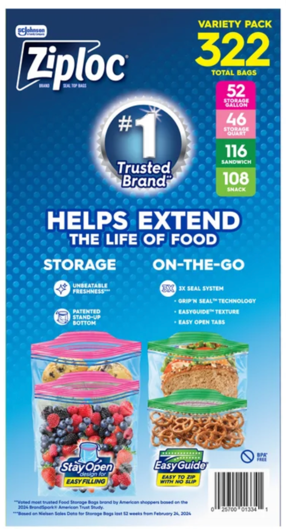 Ziploc Variety Pack (322-Count) – Gallon, Quart, Sandwich & Snack | BPA-Free Food Storage Bags | Bulk Value Pack